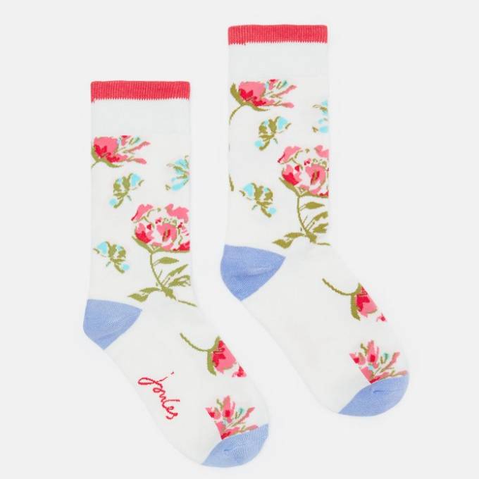 Joules Ladies Brill Bamboo Printed Socks 1 Pair - Cream Florals - UK 4-8