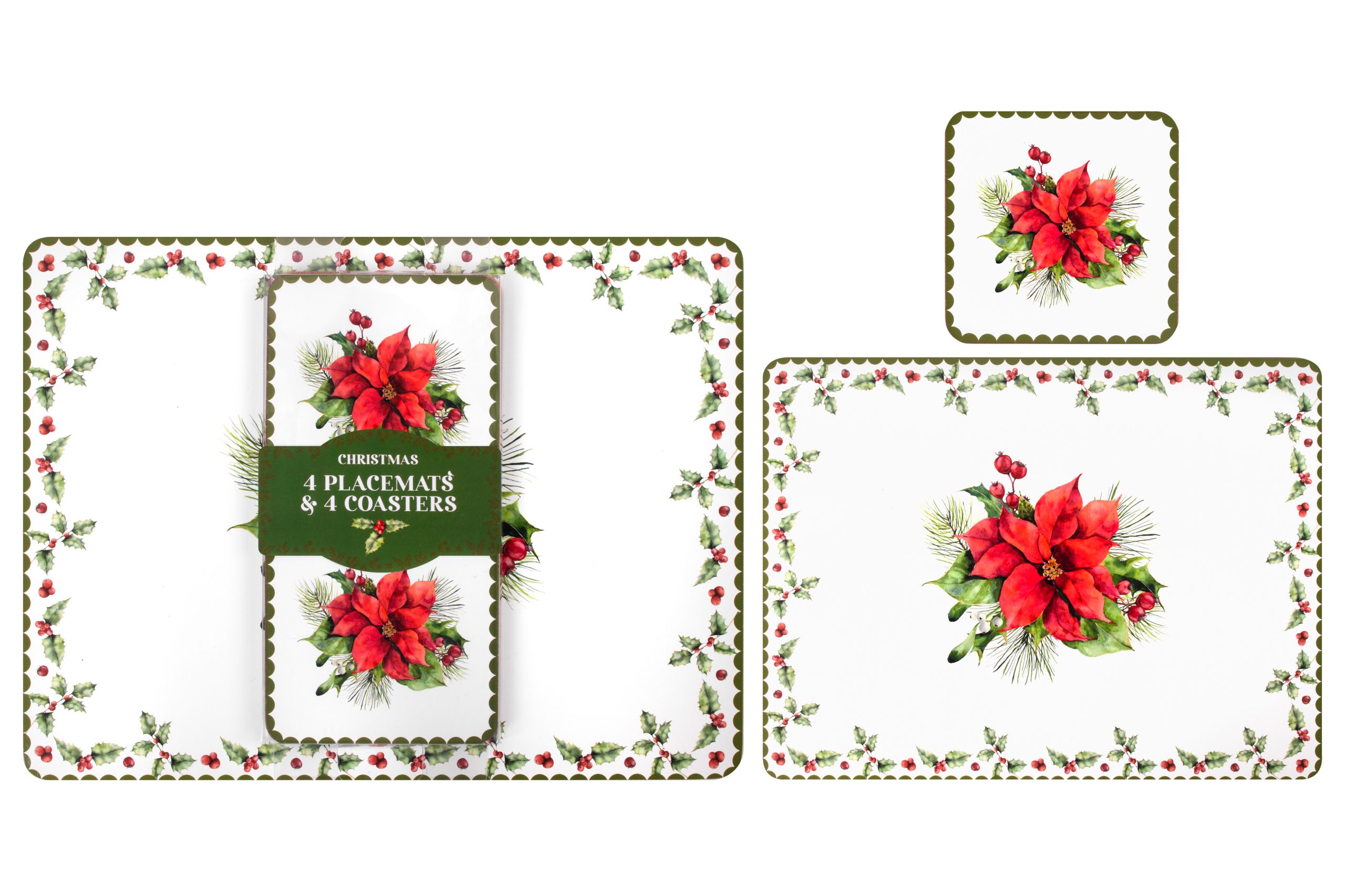 CHRISTMAS HOLLY 4 PLACEMATS & 4 COASTERS • Homeleigh Garden Centres