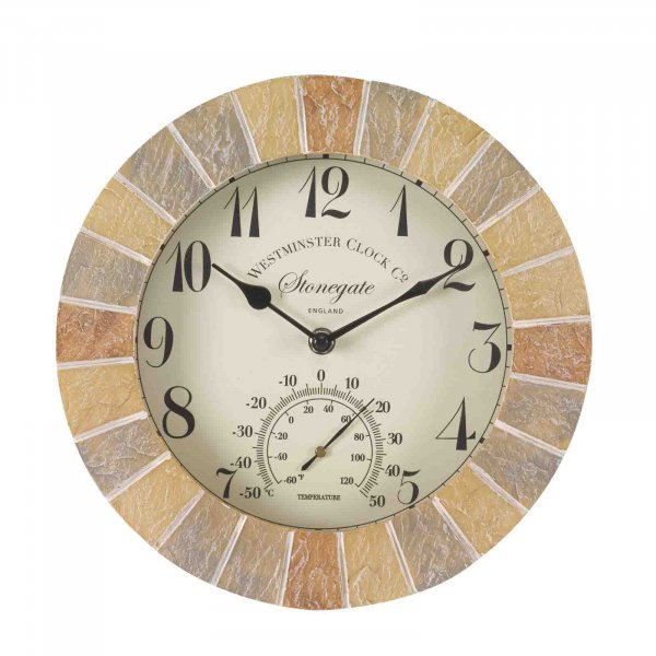 S/G STONEGATE WALL CLOCK & THERMOMETER 10IN