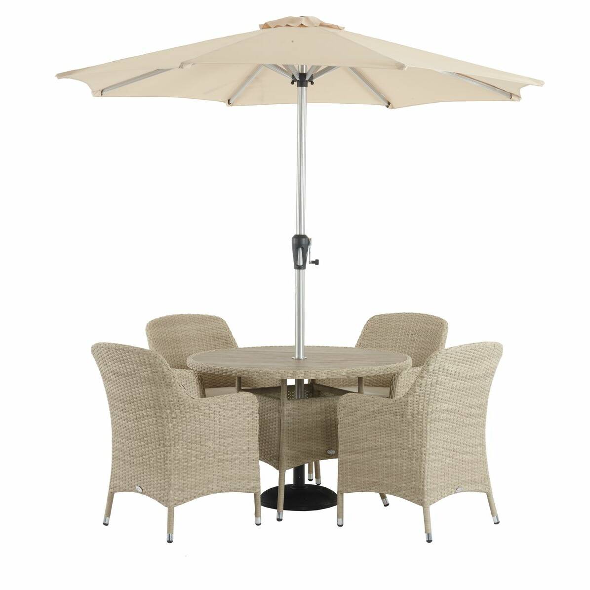 BRAMBLE CREST LAUNCESTON 110CM ROUND TABLE, 4 ARMCHAIRS, PARASOL & BASE - NUTMEG