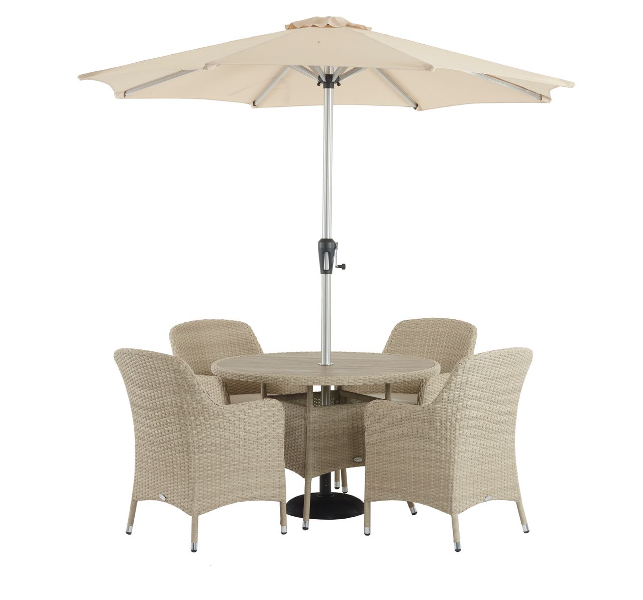 BRAMBLE CREST LAUNCESTON 110CM ROUND TABLE, 4 ARMCHAIRS, PARASOL & BASE - NUTMEG