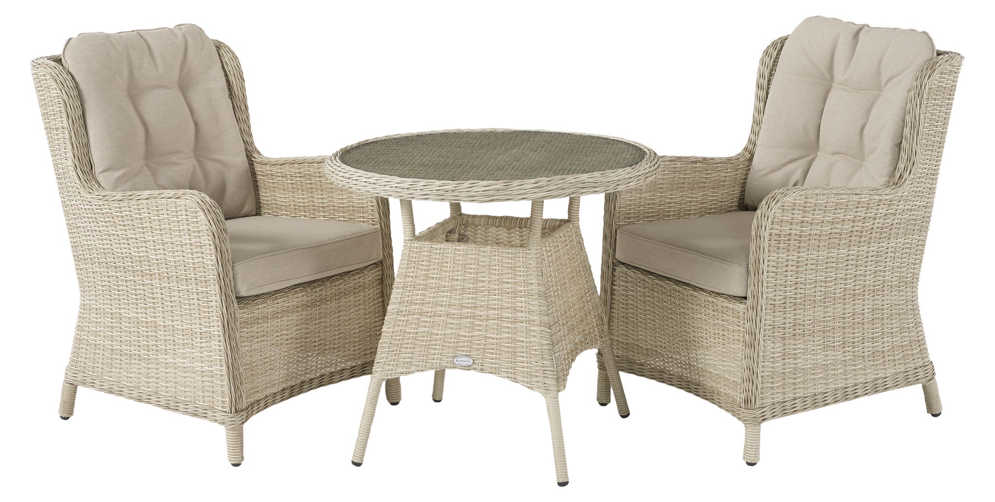 BRAMBLE CREST ST MELLION 80CM ROUND BISTRO TABLE WITH 2 HIGH-BACK ARMCHAIRS – SANDSTONE