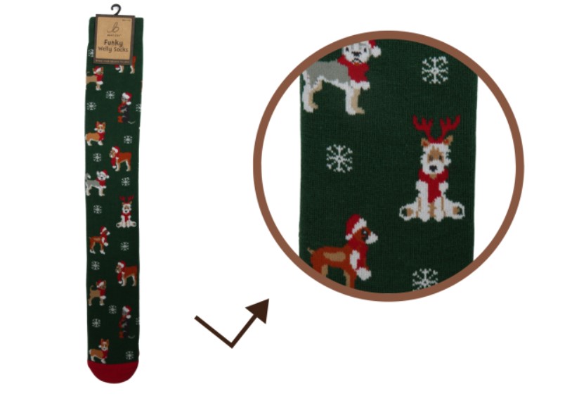 LADIES WELLY SOCKS CHRISTMAS DOGS