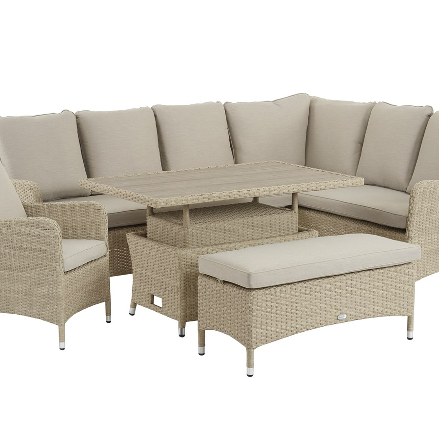 OKEHAMPTON L-SHAPE SOFA, RECTANGLE ADJ. TABLE & BENCH CHAIR - NUTMEG