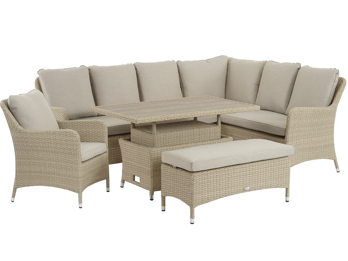 OKEHAMPTON L-SHAPE SOFA, RECTANGLE ADJ. TABLE & BENCH CHAIR - NUTMEG